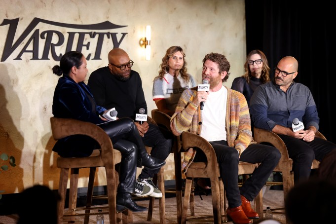 WEST HOLLYWOOD, CALIFORNIA - DECEMBER 05: (L-R) Jazz Tangcay, Senior Artisans Editor, Variety, Shaye Ogbonna, Lauren LeFranc, Joshua Zetumer, Laura Eason and Marco Ramirez speak onstage during Variety’s A Night in the Writers' Room: Awards Season Edition at The London West Hollywood at Beverly Hills on December 05, 2024 in West Hollywood, California.  (Photo by Randy Shropshire/Variety via Getty Images)