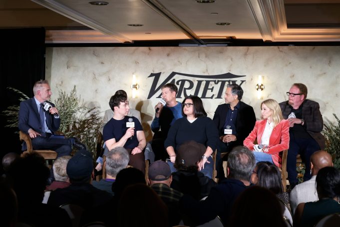 WEST HOLLYWOOD, CALIFORNIA - DECEMBER 05: (L-R) Michael Schneider, Senior TV Editor, Variety, Brian Jordan Alvarez, Bill Lawrence, Nahnatchka Khan, Eric Ledgin, Sally Bradford McKenna and Nick Bakay speak onstage during Variety’s A Night in the Writers' Room: Awards Season Edition at The London West Hollywood at Beverly Hills on December 05, 2024 in West Hollywood, California.  (Photo by Anna Webber/Variety via Getty Images)