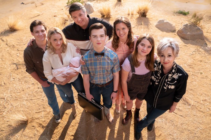 "Season 7 Main Title Refresh" -- Coverage of the CBS Original Series YOUNG SHELDON, scheduled to air on the CBS Television Network.   Pictured (L-R): Montana Jordan as Georgie Cooper, Emily Osment as Mandy McAllister, Lance Barber as George Sr., Iain Armitage as Sheldon Cooper, Raegan Revord as Missy Cooper, Zoe Perry as Mary Cooper, and Annie Potts as Connie 'Meemaw' Tucker.  Photo: Robert Voets/CBS ©2023 CBS Broadcasting, Inc. All Rights Reserved.