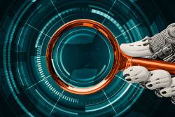 Photo illustration of a robot's hand holding a magnifying glass