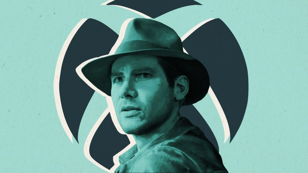 Indiana Jones from "Indiana Jones and the Great Circle" in front of the Xbox logo