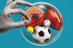 Sports equipment in a bubble with a hand about to pop it