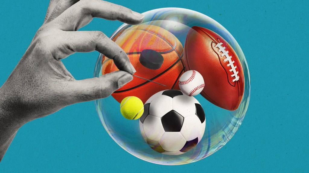 Sports equipment in a bubble with a hand about to pop it