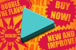 Illustration of a play button with multiple promotional catchphrases in the background