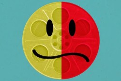 Illustration of a film can split into two halves: a smiling side and a frowning side