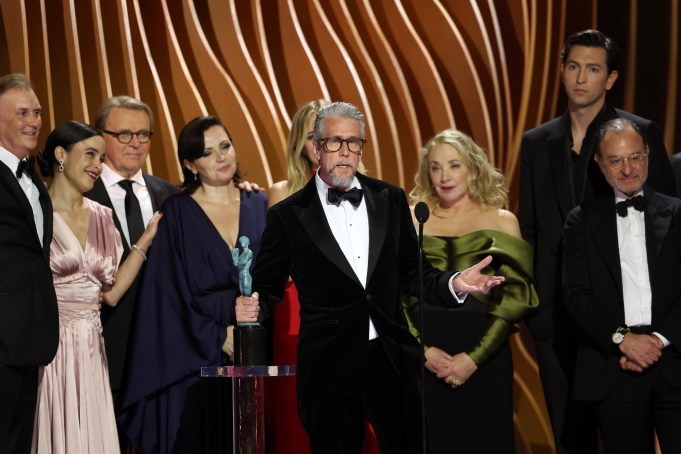 LOS ANGELES, CALIFORNIA - FEBRUARY 24: (L-R) Scott Nicholson, Juliana Canfield, David Rasche, Dagmara Dominczyk, Alan Ruck, J. Smith-Cameron, Nicholas Braun, and Fisher Stevens
accept the Outstanding Performance by an Ensemble in a Drama Series award for “Succession” onstage during the 30th Annual Screen Actors Guild Awards at Shrine Auditorium and Expo Hall on February 24, 2024 in Los Angeles, California. (Photo by Matt Winkelmeyer/Getty Images)