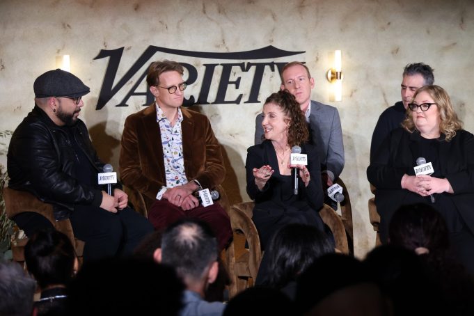 WEST HOLLYWOOD, CALIFORNIA - DECEMBER 05: (L-R) Clayton Davis, Senior Awards Editor, Variety, JD Payne, Jennie Snyder Urman, Patrick Mckay, Todd Harthan and Alison Schapker speak onstage during Variety’s A Night in the Writers' Room: Awards Season Edition at The London West Hollywood at Beverly Hills on December 05, 2024 in West Hollywood, California.  (Photo by Anna Webber/Variety via Getty Images)